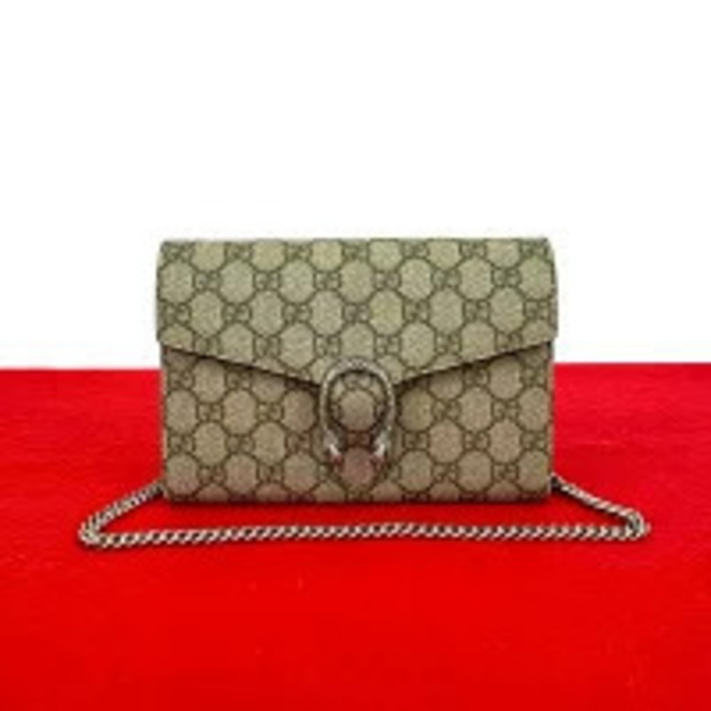 Gucci Dionysus GG Supreme Leather Chain Wallet Pouch Shoulder Bag Brown